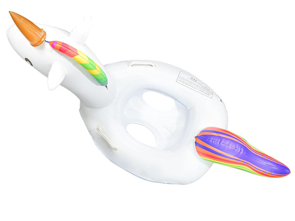 Bebé unicornio rueda inflable para nadar en el agua de la piscina